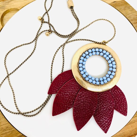 Gold Stone + Leather Pendant Adjustable Necklace - Picture 3 of 8